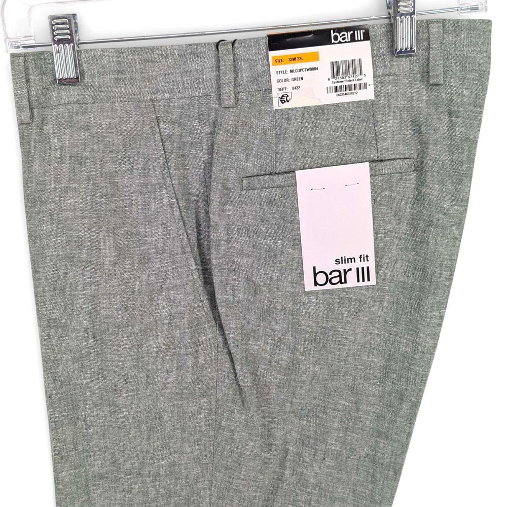 Bar III Men's Slim-Fit Linen Cotton Suit Dress Pants Green Chambray 33 x 32